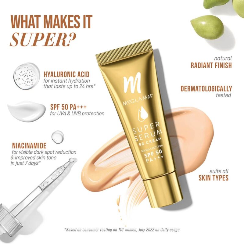 MyGlamm Super Serum BB Cream - 301 Almond | BB Cream With Hyaluronic Acid & SPF 50 PA+++ for UVA, UVB Protection & Natural Glow (30g) - Image 9