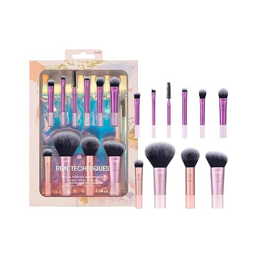 Real Technique Travel Fanstasy Mini Brush Kit, Makeup Brushes, Mini Sized Brushes, Perfect For Travel or On The Go, 10 Piece Set, Purple
