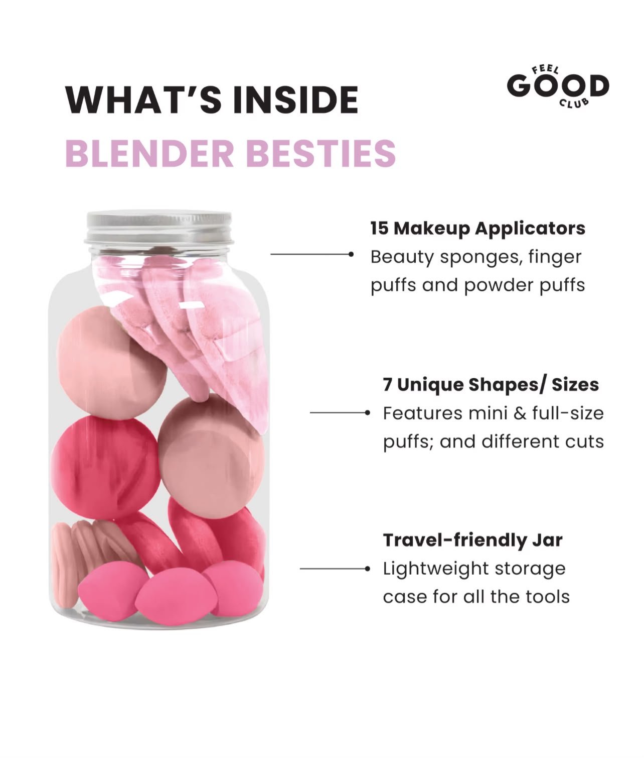 Feel Good Club Blender Buffet - Set Of 15 Makeup Blender Sponges & Pizza Powder Puffs In A Jar ( RANDOM COLOURS ) - Image 4