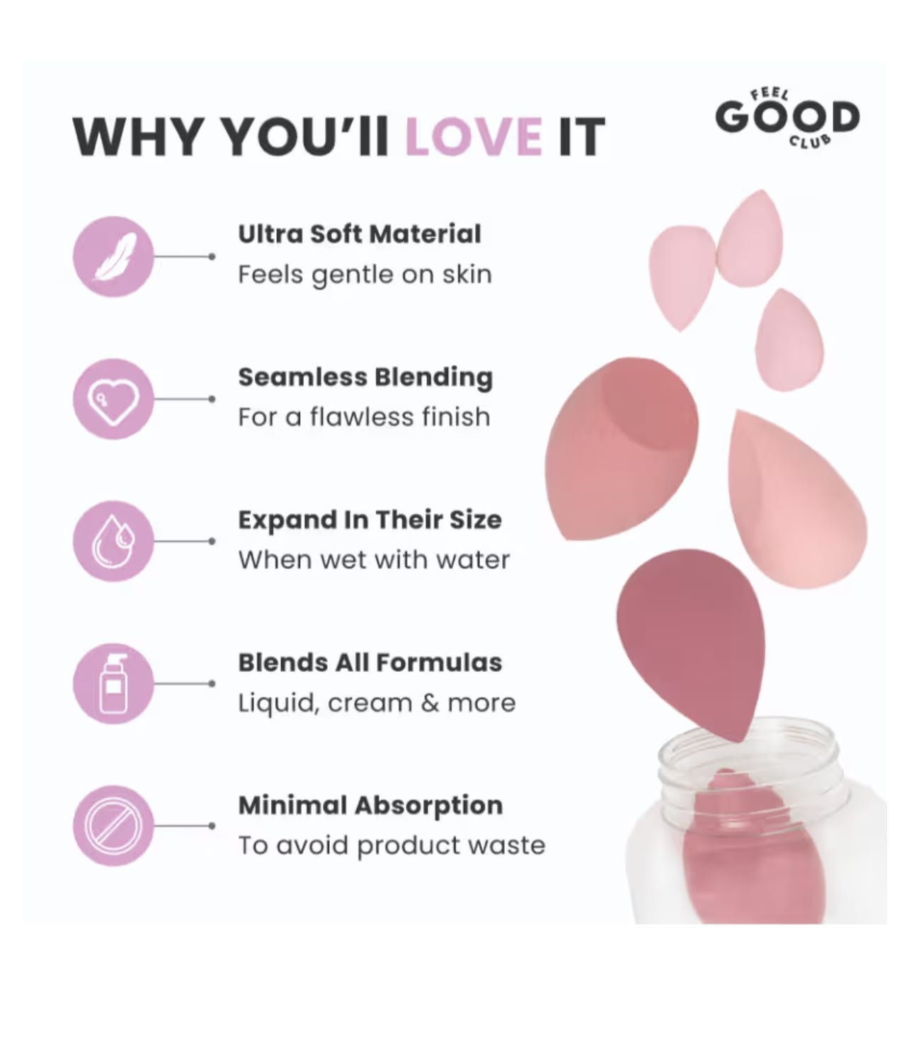 Feel Good Club Blender Besties - 7 Makeup Sponges In Jar - 4 Full Size & 3 Mini Puffs For Foundation ( RANDOM COLOURS ) - Image 6