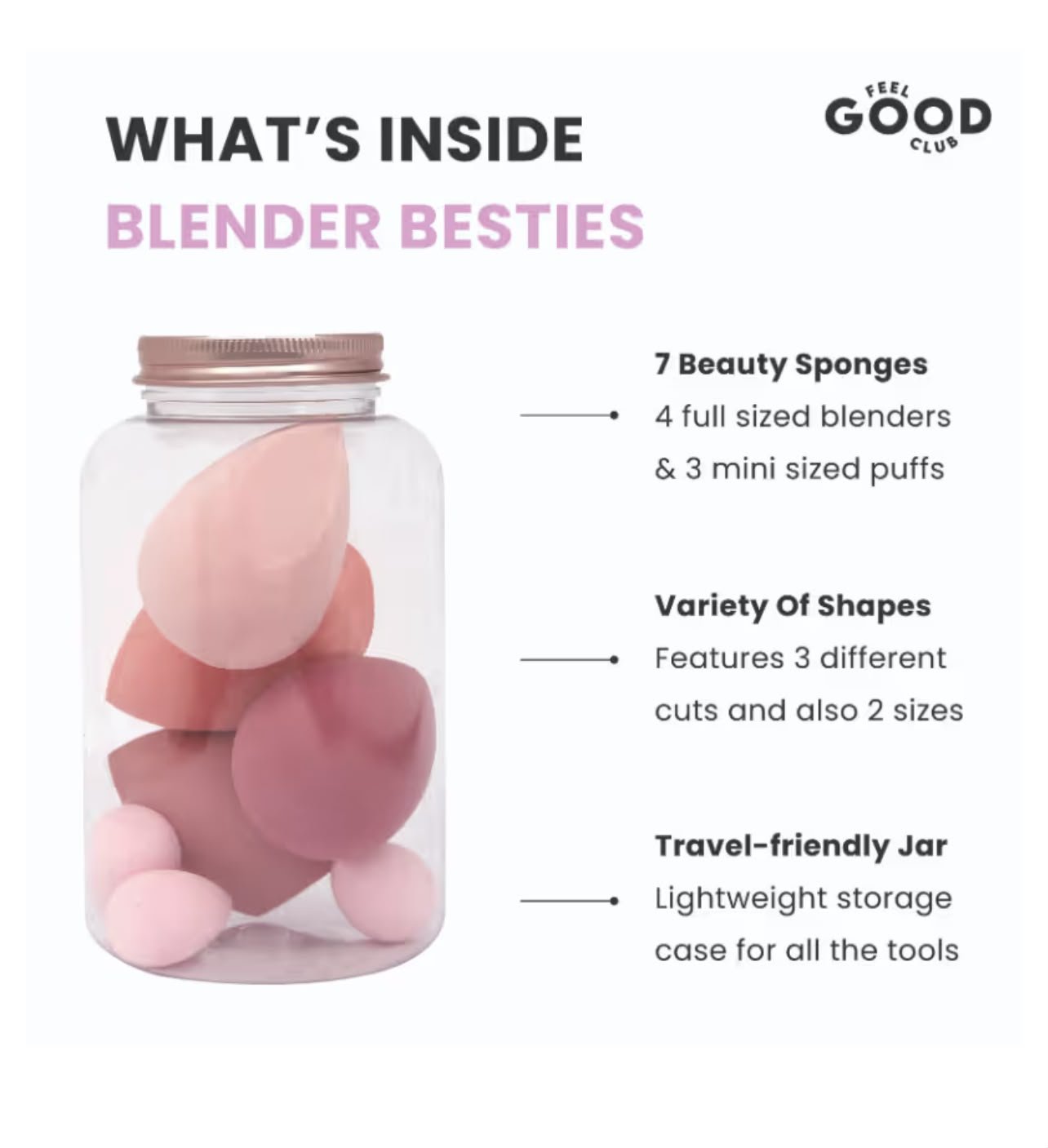 Feel Good Club Blender Besties - 7 Makeup Sponges In Jar - 4 Full Size & 3 Mini Puffs For Foundation ( RANDOM COLOURS ) - Image 4
