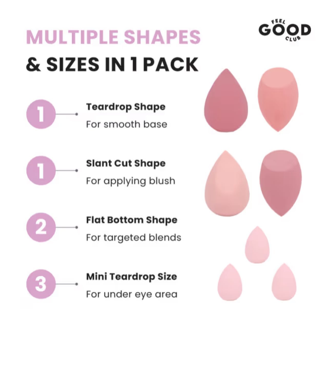 Feel Good Club Blender Besties - 7 Makeup Sponges In Jar - 4 Full Size & 3 Mini Puffs For Foundation ( RANDOM COLOURS ) - Image 3