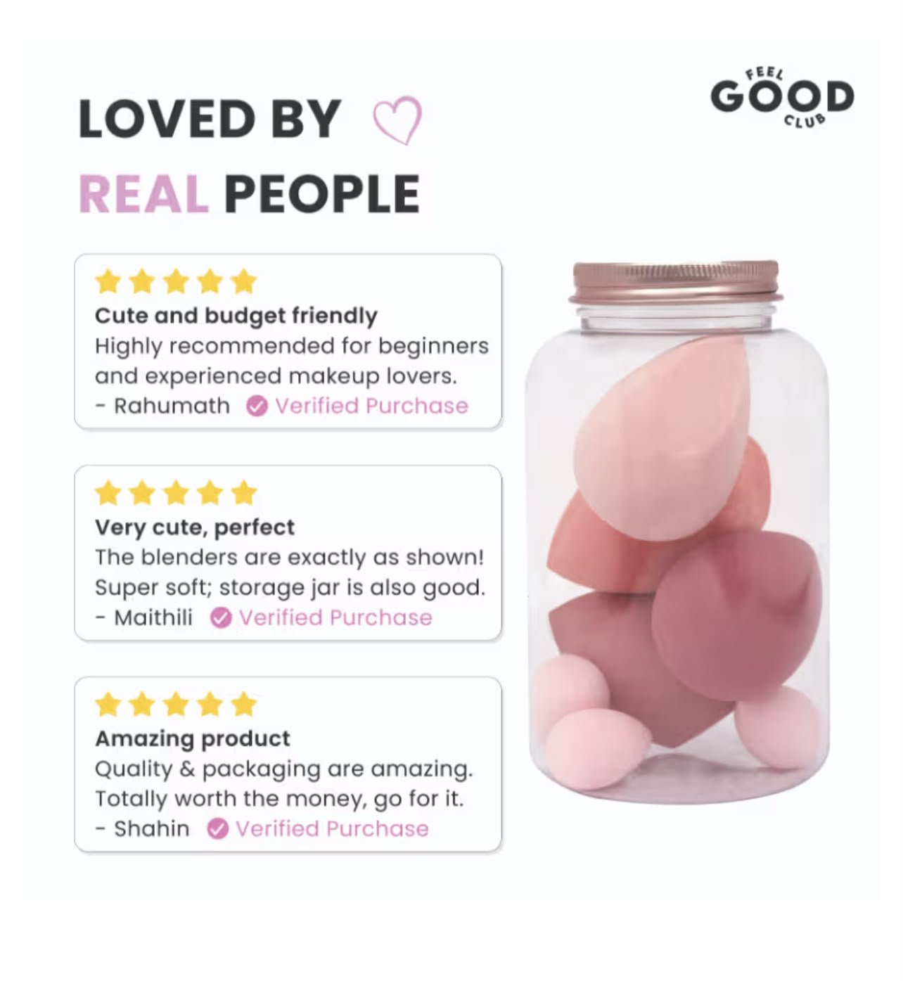 Feel Good Club Blender Besties - 7 Makeup Sponges In Jar - 4 Full Size & 3 Mini Puffs For Foundation ( RANDOM COLOURS ) - Image 2